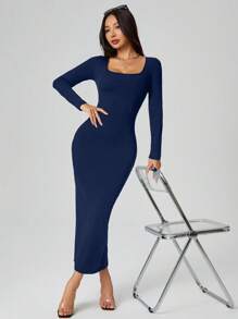 SHEIN PETITE Autumn Wear Solid Color Square Neck Tight Black Long-Sleeved Dress - Navy Blue - View 4