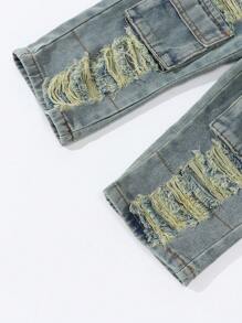 SHEIN Celana Kargo Denim Lurus Warna Biru Muda dengan Banyak Kantong, Sobek, dan Banyak Saku, Gaya Streetwear Vintage untuk Anak Perempuan, Cocok untuk Sekolah, Kampus, atau Perguruan Tinggi. - Light Wash - View 7