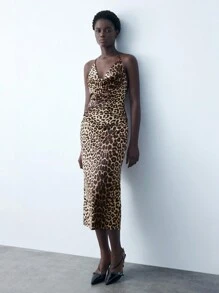 Maija Váy hở lưng họa tiết động vật có dây buộc cổ dành cho nữ, đi nghỉ - Màu Khaki - Xem 3