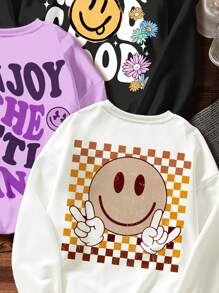 SHEIN Leap Crew 3pcs Vintage Smiling Face, Floral, Slogan Print Thermal Lined Oversized Crew Neck Sweatshirts For Tween Girls, Suitable For Autumn And Winter - Multicolor - View 4