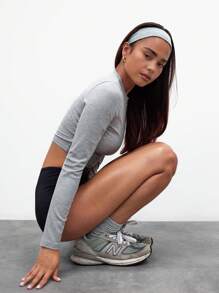 MUSERA ESSENTIALS Long Sleeve Jersey Rib Cropped Cotton Blend Top Casual Summer Vacation Spring Summer - Grey - View 2