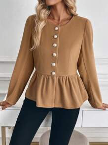 SHEIN LUNE Fashionable & Simple Sweet Fitted Ruffled Trim Ladies Woolen Coat Fall Cloth For Women - Brown - View 6