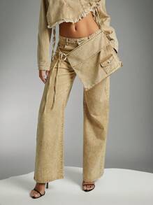 Fall, Women Khaki Low-Waisted Wide-Leg Denim Trousers With Tie-Up Features And Functional Pocket Details. For Concerts, Performances, Music Festivals - Khaki - View 6