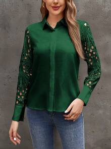 Plain Color Lace Patchwork Design Casual Shirt - Green - View 4