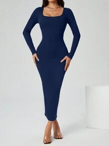 SHEIN PETITE Autumn Wear Solid Color Square Neck Tight Black Long-Sleeved Dress - Navy Blue - View 7