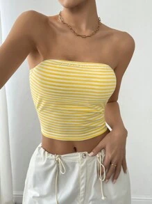 Flirla Parte superior corta tipo bandeau a rayas de verano para mujer - Amarillo - Ver 3