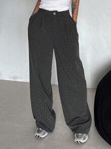 DAZY Women's Front Button Vertical Striped Rhinestone Embellished Casual Suit Pants Business Attire - Grey - View 9