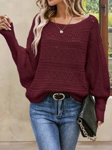 EMERY ROSE Solid Color Asymmetrical Shoulder Long Sleeve Simple Pullover Sweater, Casual Wear, Long Sleeve Top Knit Pullover Fall Winter - Burgundy - View 7