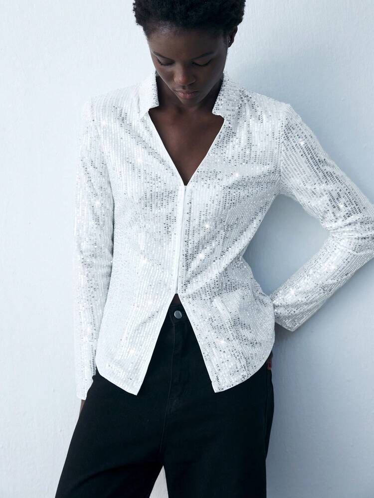 SHEIN Maija Women's White Waist-Cinched Solid Color Long Sleeve Casual Shirt With Sequin Decor