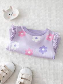 Cozy Pixies 女婴彩色花卉图案圆领荷叶边下摆套头衫