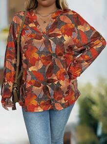 EMERY ROSE 大码女式树叶印花 V 领长袖休闲上衣，春秋季 - 黃色 - 查看 6