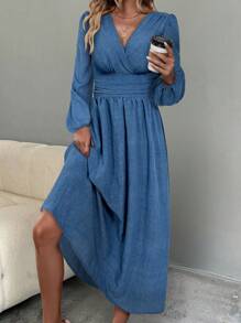 SHEIN Clasi 优雅、精致、时尚纯蓝色 V 领环绕灯笼袖收腰 A 字裙，女士，秋冬 - 藍色 - 查看 1