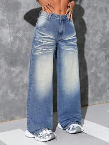 SHEIN ICON Women Simple Front Button Pocket Casual Denim Long Pants