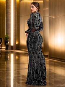 Fashion Women's Mesh & Rhinestone Embellished Fishtail Dress, Suitable For Party & Gathering - Black - View 2