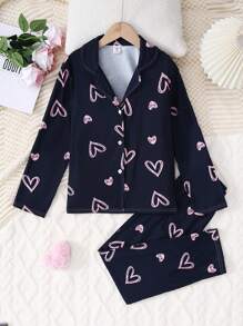 2pcs Tween Girl Casual Heart & Letter Printed Flame Resistant Long Sleeve Cardigan With Pants Comfortable Loungewear Set - Multicolor - View 3