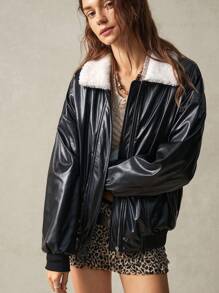 Bohemela 毛绒翻领 PU 皮革宽松女式夹克，长袖秋冬休闲波西米亚风 - 黑色 - 查看 3