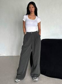 DAZY Women's Front Button Vertical Striped Rhinestone Embellished Casual Suit Pants Business Attire - Grey - View 2