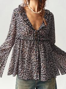 Bohemela 女士度假雪纺豹纹喇叭长袖 V 领不对称下摆衬衫 - 黑色 - 查看 8