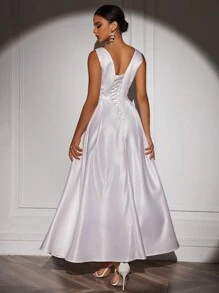 SHEIN Belle 女士纯色简约日常无袖婚纱，白色优雅新娘礼服 - 白色 - 查看 2