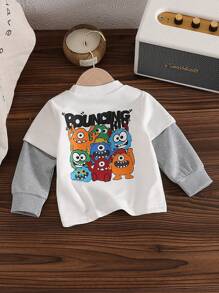 男婴卡通怪物与字母印花针织柔软休闲仿多层长袖圆领毛衣上衣