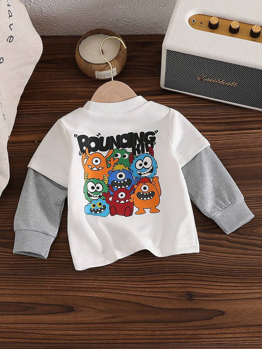 男婴卡通怪物与字母印花针织柔软休闲仿多层长袖圆领毛衣上衣
