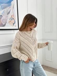 EURMUSE Women's Asymmetric And Pon Pon Knit Pattern Detailed Sweater - Brown - View 2