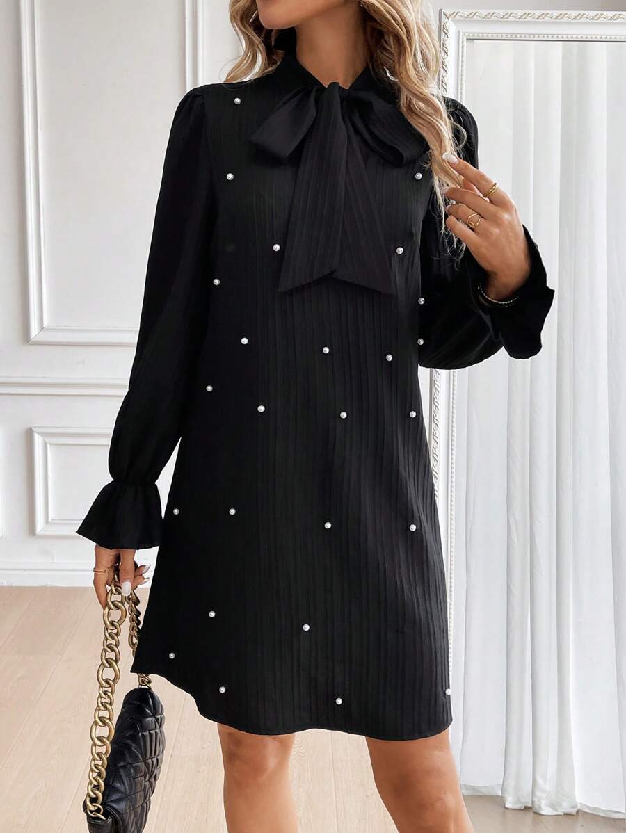 Opuloom Women Dresses Manik manik Mutiara Dasi Depan Plain Anggun - Hitam - View 1
