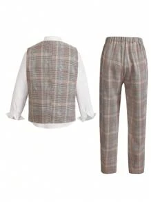 SHEIN 2 件套 Tween 男孩卡其色格子背心裤套装，适合圣诞节