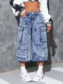 SHEIN ICON Pantalones vaqueros casuales para mujer con varios bolsillos y botón delantero simple