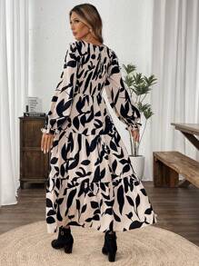 SHEIN LUNE Women's V-Neck Ruffle Sleeves Abstract Print Layered Dress, Dress With Sleeves,Long Fall Dress - Multicolor - View 2