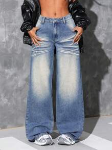 SHEIN ICON Women Simple Front Button Pocket Casual Denim Long Pants