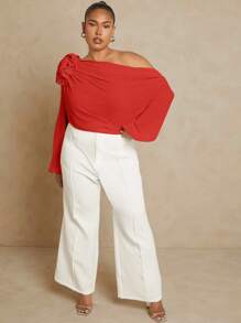 Hauture Plus Asymmetric Off Shoulder Shirt With 3D Flower - Red - View 7