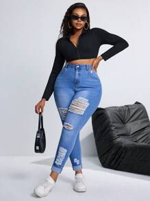 SHEIN SXY Plus Size Elastic Distressed Denim Jeans