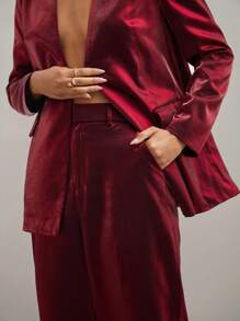COSMINA Women's Spring/Fall Solid V-Neck Long Sleeve Jacket And Pants Elegant Suit Set - Burgundy - View 4
