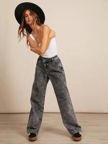 WESTFADE Premium 91% Cotton Denim Crossover Mid Rise Baggy Straight Leg Jeans - Black - View 8