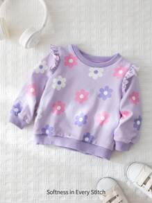 Cozy Pixies 女婴彩色花卉图案圆领荷叶边下摆套头衫