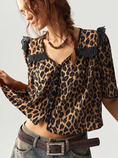 Bohemela Blusa suelta de cuello en V con estampado de vacaciones, de manga corta, para mujer