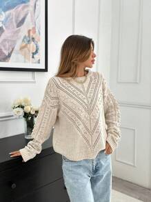 EURMUSE Women's Asymmetric And Pon Pon Knit Pattern Detailed Sweater - Brown - View 3