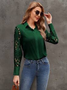 Plain Color Lace Patchwork Design Casual Shirt - Green - View 3