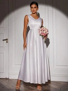 SHEIN Belle 女士纯色简约日常无袖婚纱，白色优雅新娘礼服 - 白色 - 查看 6