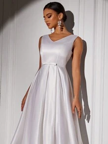 SHEIN Belle 女士纯色简约日常无袖婚纱，白色优雅新娘礼服 - 白色 - 查看 7