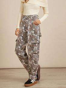 WESTFADE Pantalones de carga casuales de mezclilla de algodón 98% premium con estampado de leopardo