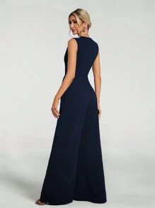 SHEIN Tall 休闲优雅无袖阔腿黑色连体裤 - 藏蓝色 - 查看 2