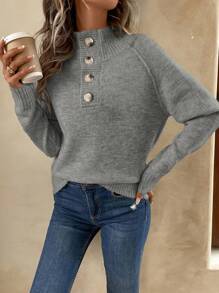 SHEIN LUNE Solid Color Button Front Long Sleeve Minimalist Sweater, Casual Wear