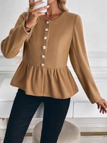 SHEIN LUNE Fashionable & Simple Sweet Fitted Ruffled Trim Ladies Woolen Coat Fall Cloth For Women - Brown - View 5