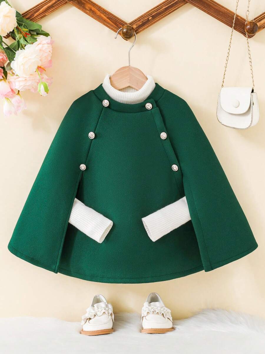 SHEIN Áo khoác len thanh lịch có mũ trùm đầu màu lạc đà cho bé gái, mùa thu đông - màu xanh lá - Xem 1