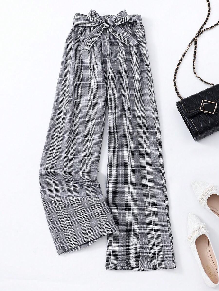 SHEIN 青少年女孩格子宽腿宽松裤配腰带