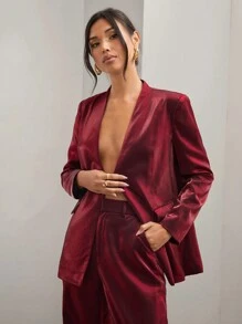 COSMINA Women's Spring/Fall Solid V-Neck Long Sleeve Jacket And Pants Elegant Suit Set - Burgundy - View 5