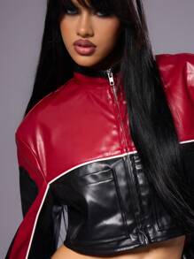 MUSERA Cropped Contrast Panel PU Biker Jacket Varsity - Multicolor - View 5