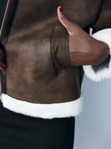 Maija 女士棕色皮革与毛皮拼接长袖前拉链休闲简约飞行员夹克，秋冬款